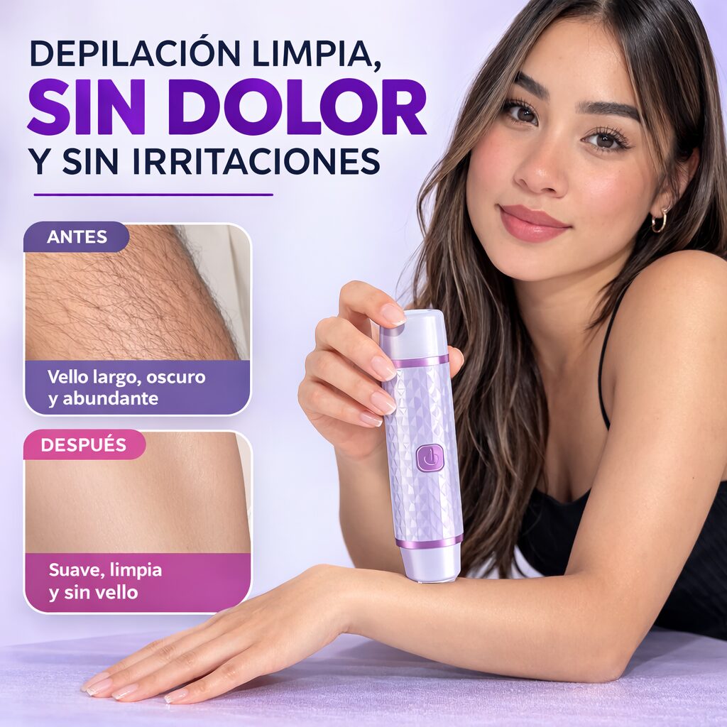 Afeitadora depiladora 2 en 1, morada, para piel suave sin dolor ni irritación. Antes y después.
