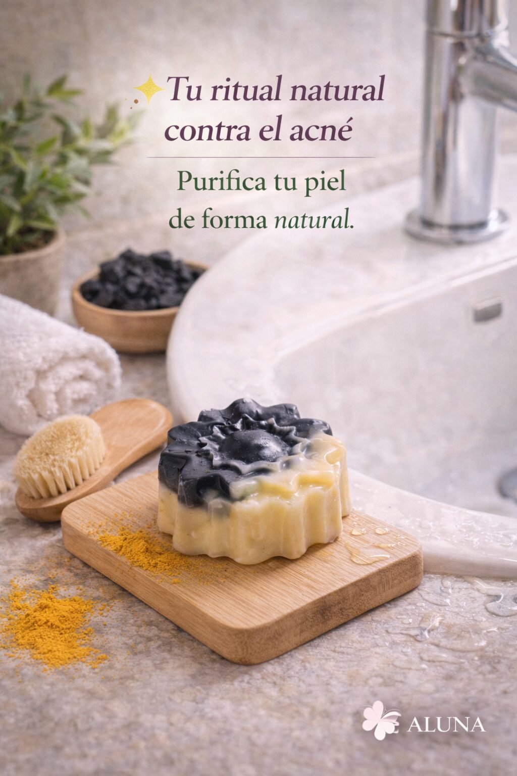 Jabón artesanal de carbón activado y cúrcuma en forma de flor sobre tabla de madera con cepillo y cúrcuma en polvo.