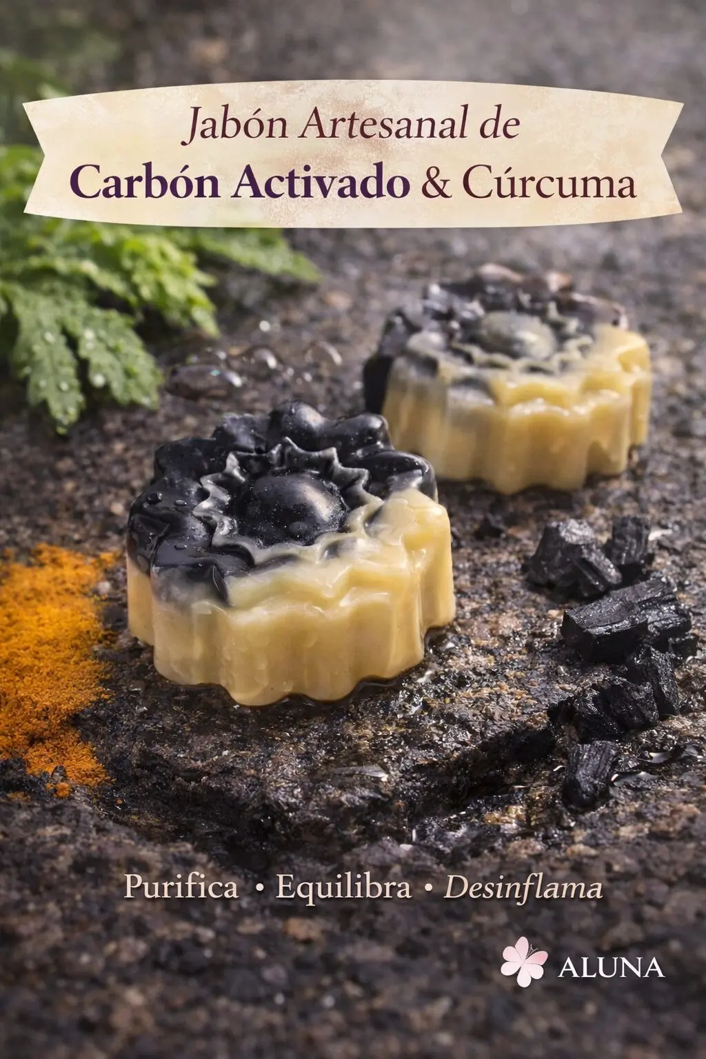 Jabón artesanal de carbón activado y cúrcuma, en forma de flor, ideal para purificar, equilibrar y desinflamar.