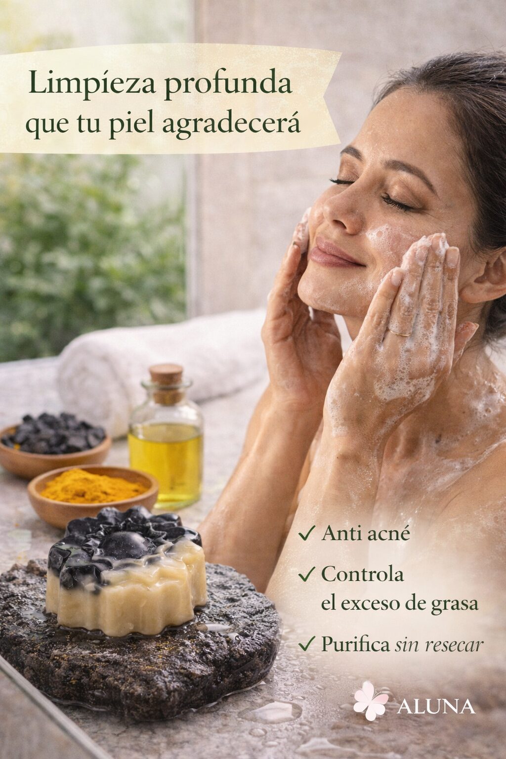 Jabón artesanal de carbón activado y cúrcuma para limpieza profunda, control de grasa y acción anti acné.