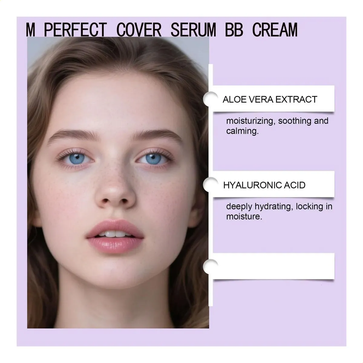 Serum BB Cream Perfect Cover con aloe vera y ácido hialurónico, rostro de mujer con piel luminosa y ojos azules.
