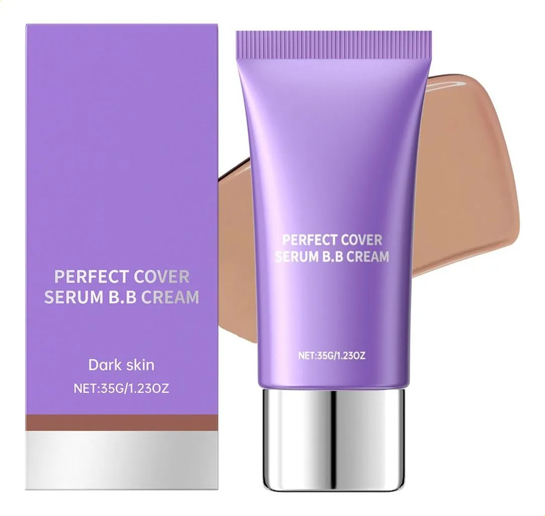 Serum BB Cream Perfect Cover tono piel oscura en envase morado y muestra de producto.