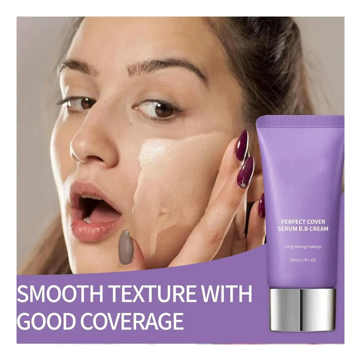 Serum BB Cream Perfect Cover con acabado mate y alta cobertura, aplicado en el rostro de una mujer.