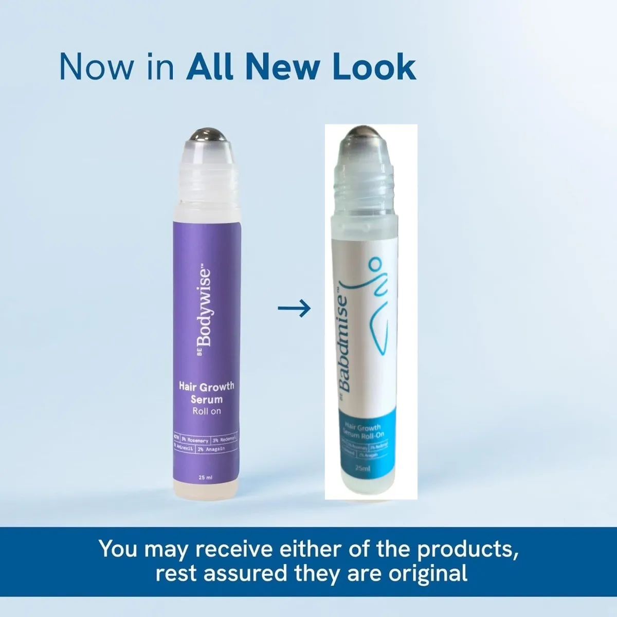 Dos serums capilares roll-on, uno morado de Bodywise y otro blanco de Babdmise, indicando nuevo diseño.