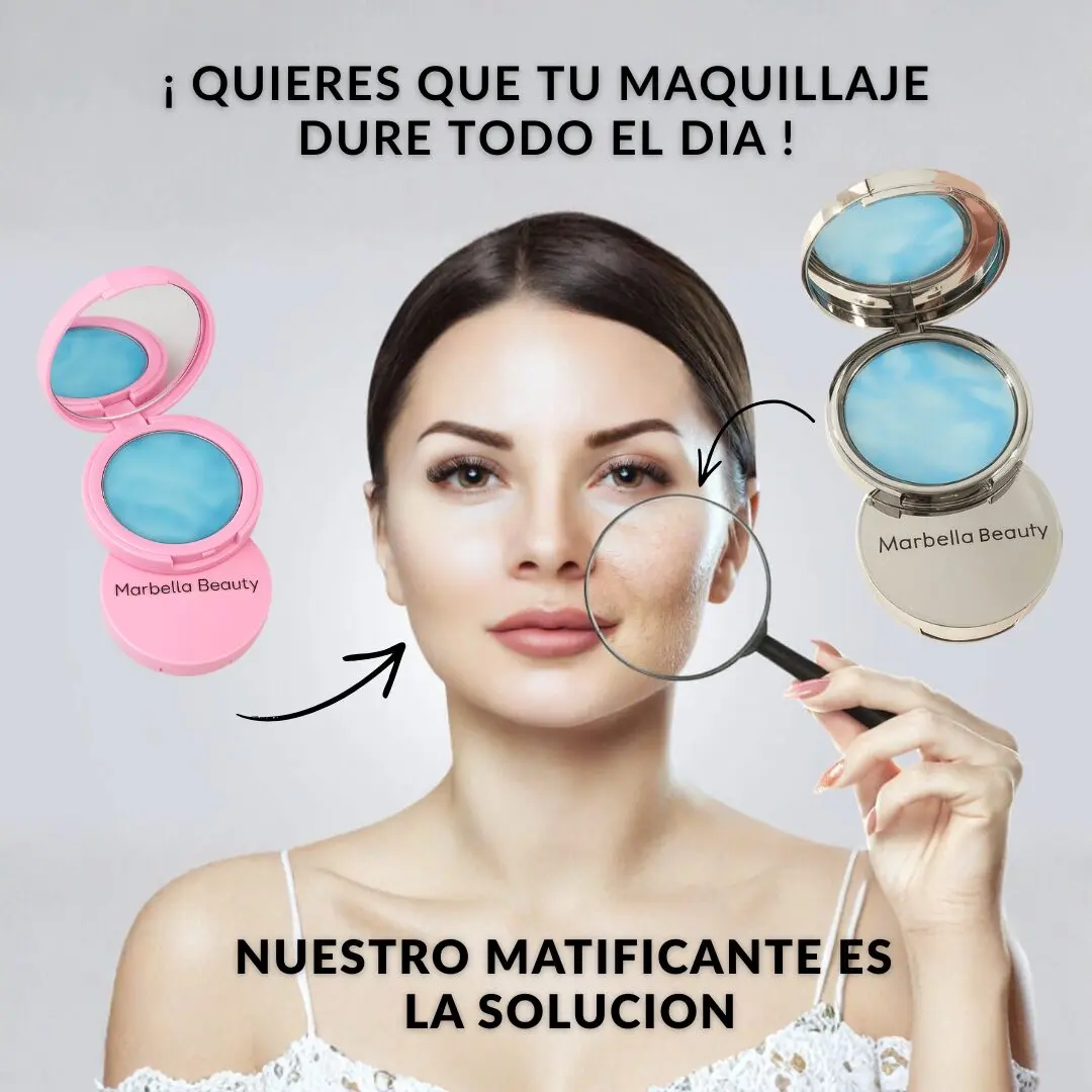 Matificante facial Marbella Beauty en presentación rosa y dorada, con efecto en piel real.