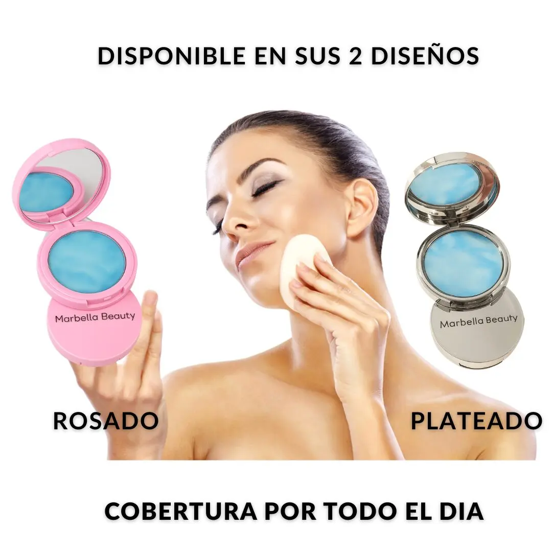 Mujer aplica polvo matificante facial Marbella Beauty en rosado y plateado. Cobertura todo el día.