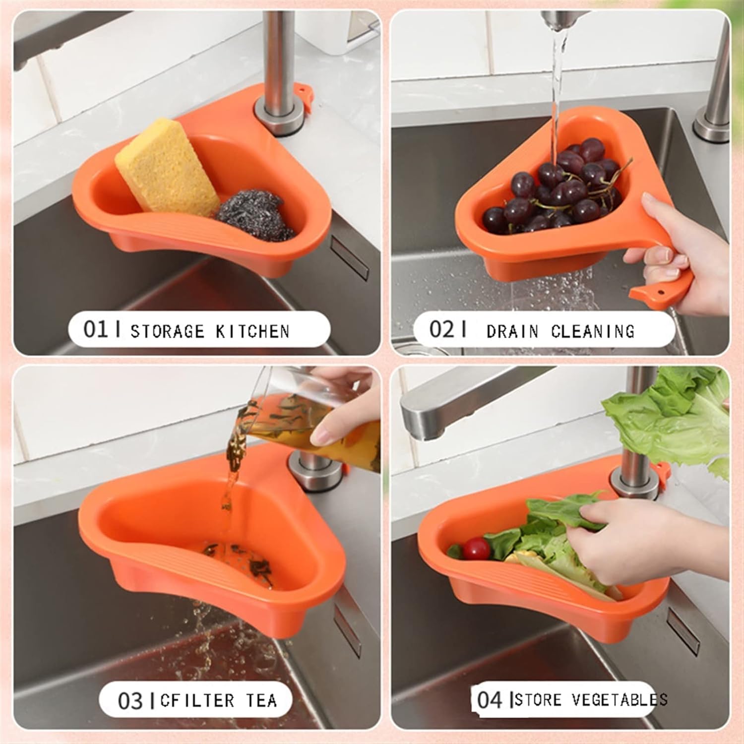 Canasta escurridora naranja para cocina, ideal para almacenar, filtrar té, lavar y secar vegetales en el lavaplatos.