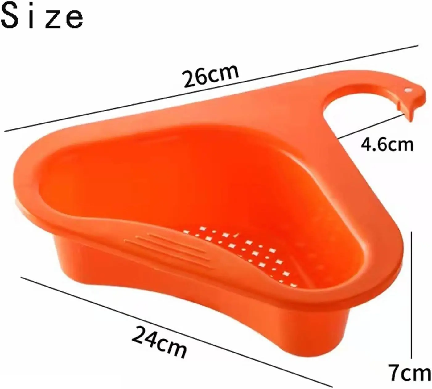 Canasta escurridora triangular naranja para cocina, mide 26x24x7 cm, ideal para optimizar espacio.