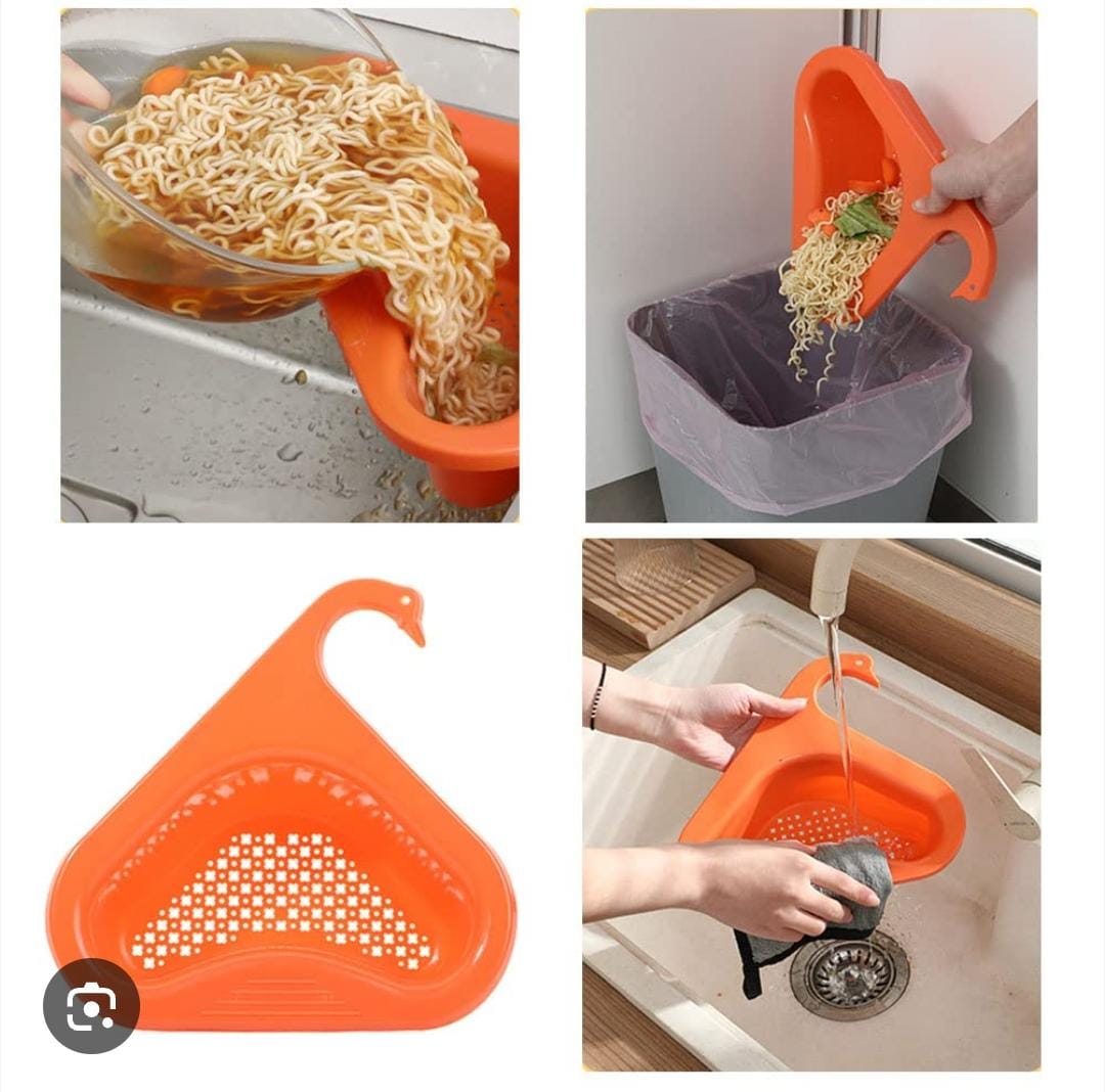 Canasta escurridora triangular naranja para cocina, ideal para colar fideos o verduras en el lavaplatos.