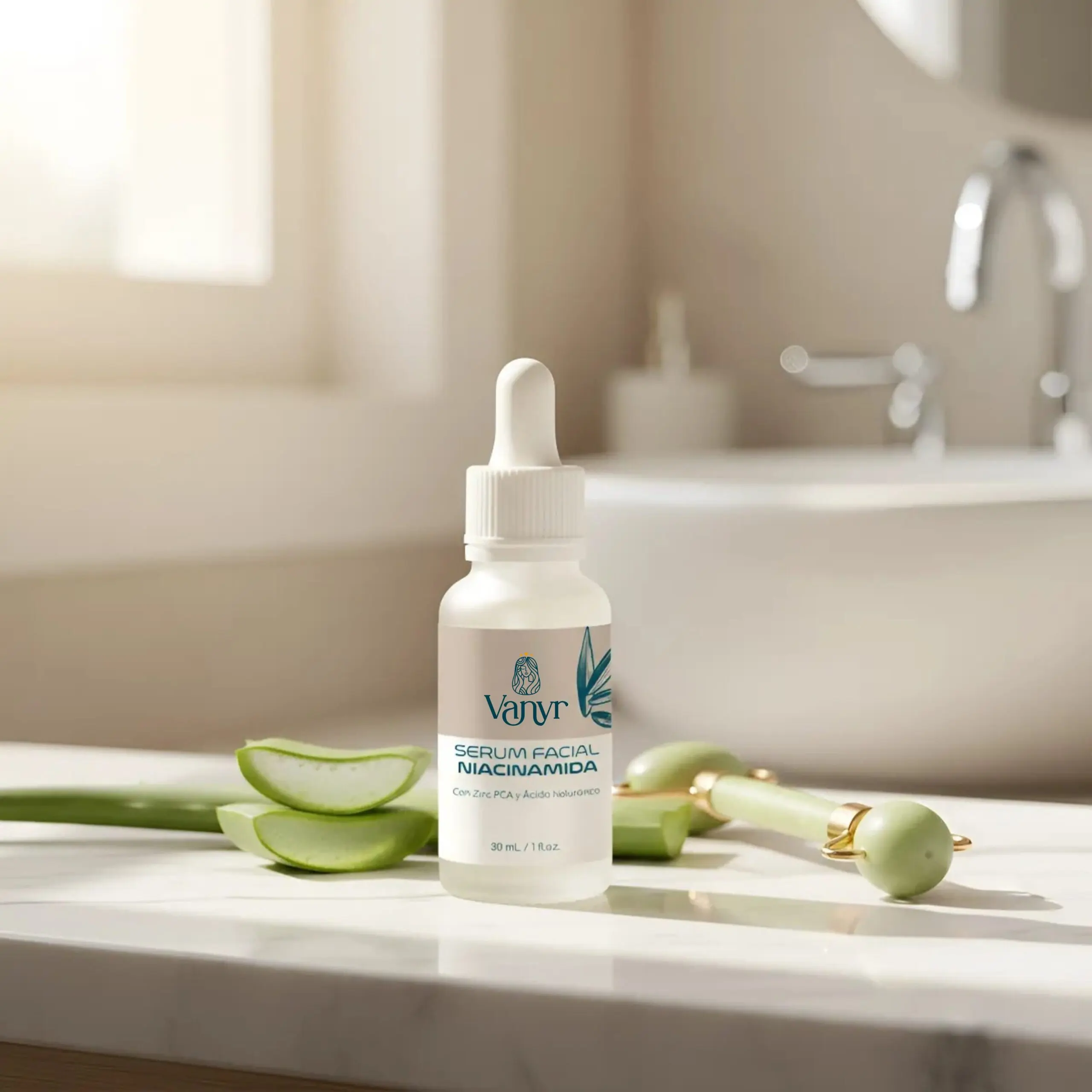 Sérum facial Vanyr Niacinamida con Zinc y Ácido Hialurónico, frasco con gotero, aloe vera y rodillo de jade.