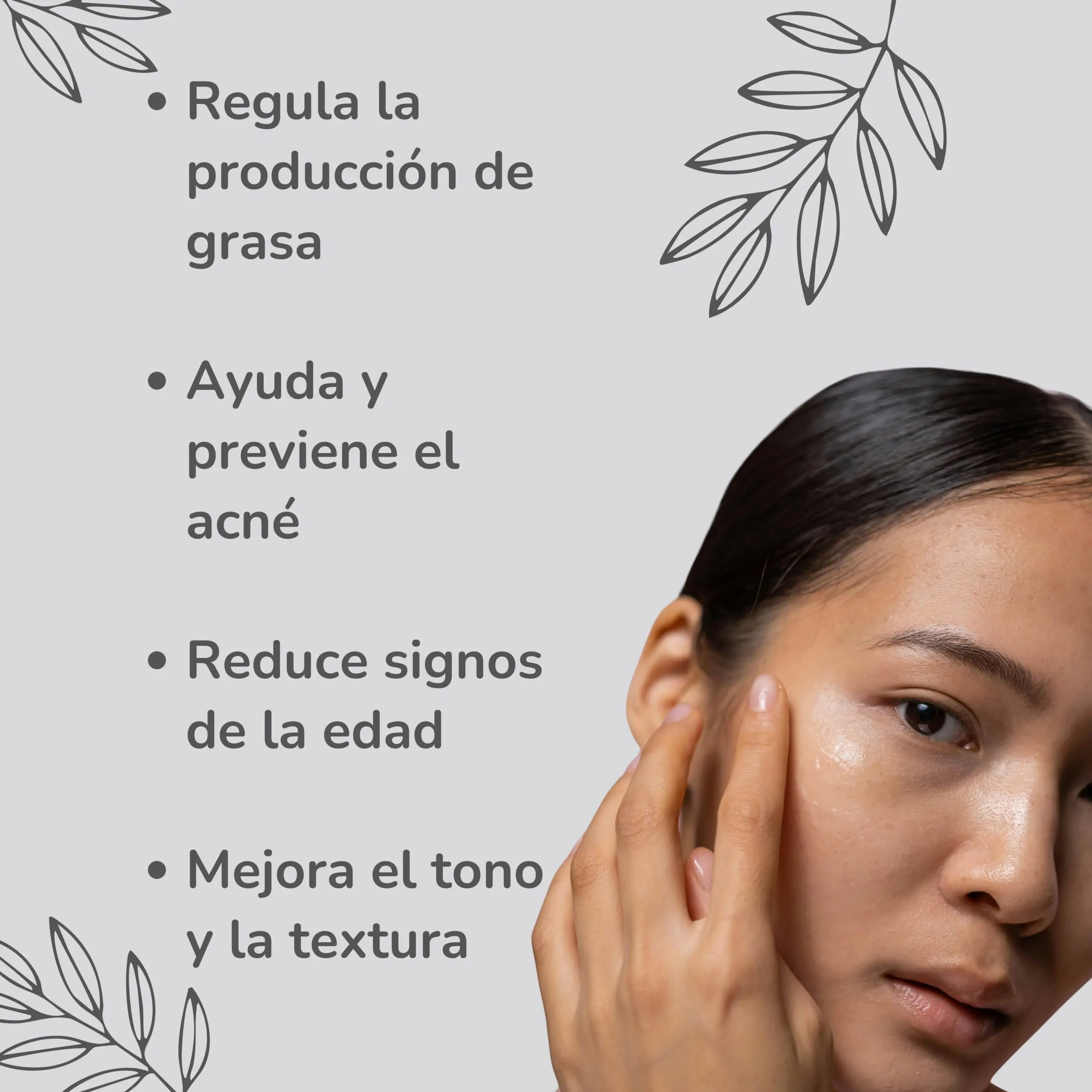 Mujer aplicando sérum facial Vanyr en su rostro, destacando beneficios como regulación de grasa, prevención de acné y mejora de tono.