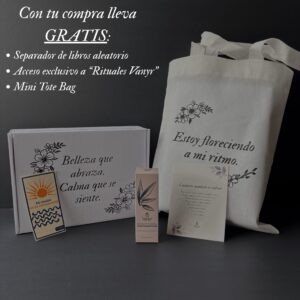 Caja de regalo Vanyr con sérum facial, separador de libros, etiqueta y bolsa tote, todo con diseño floral.