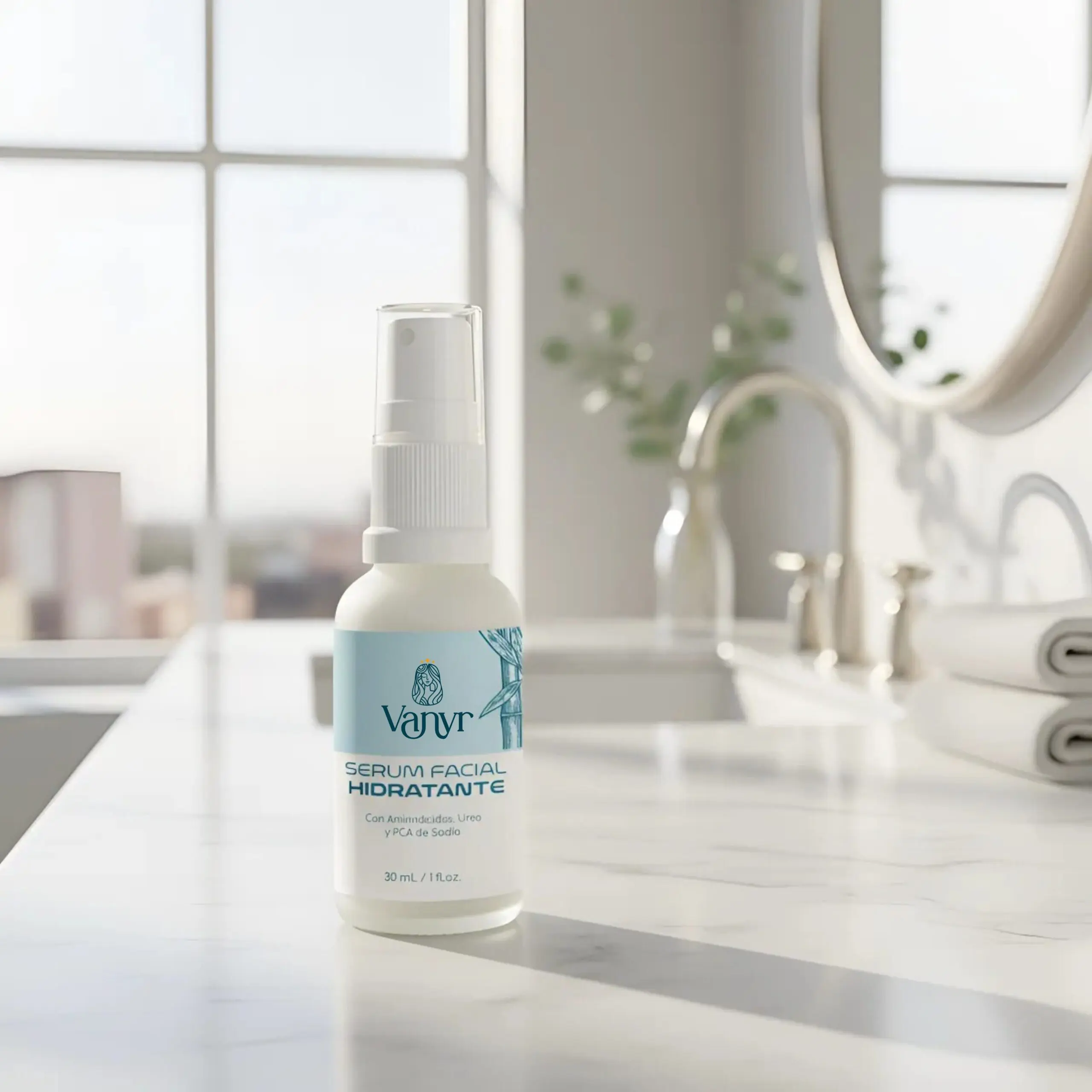 Serum facial hidratante Vanyr 30 ml en frasco blanco con etiqueta azul, sobre superficie de mármol.
