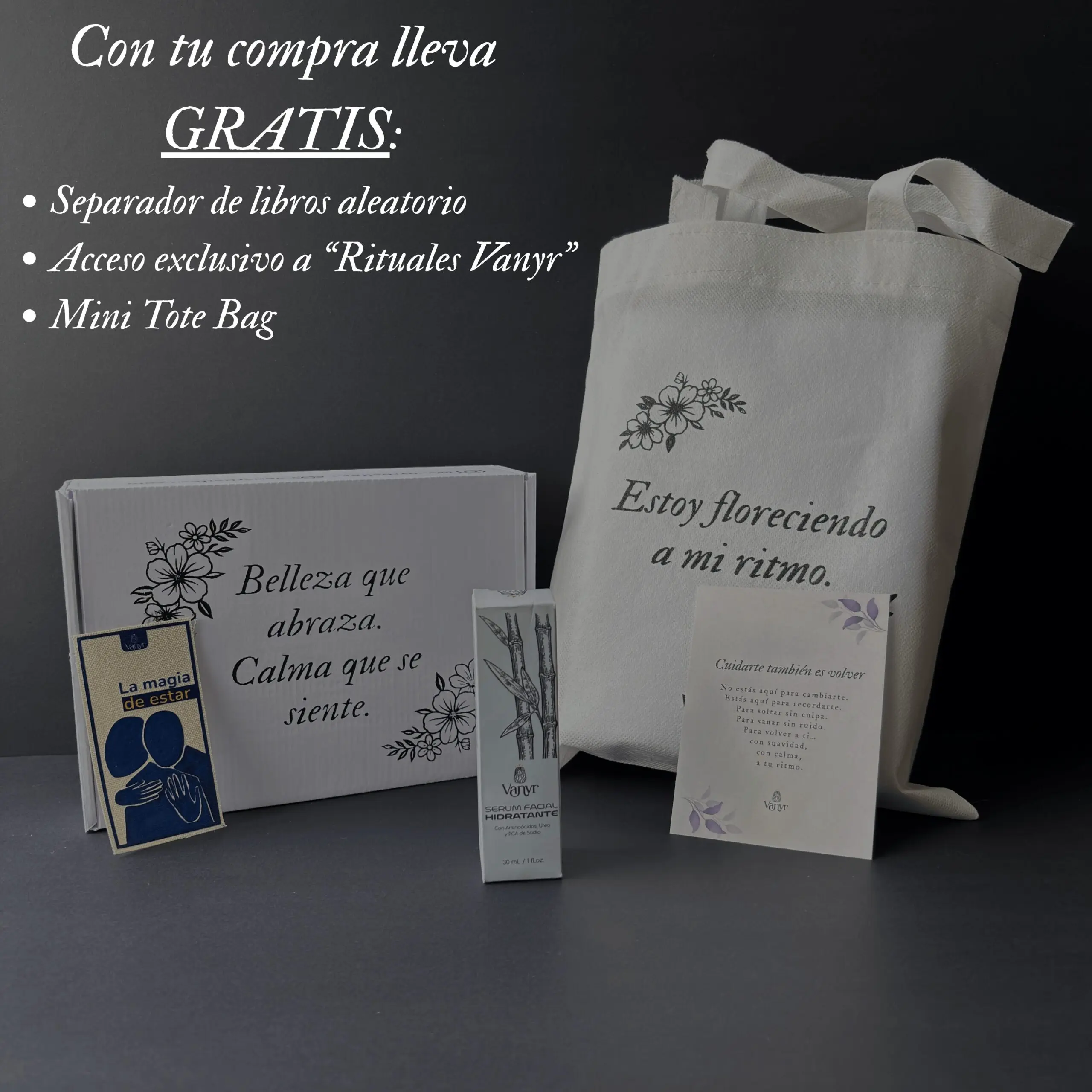 Serum facial hidratante Vanyr en caja con tote bag blanco, separador de libros y tarjeta de cuidado personal.