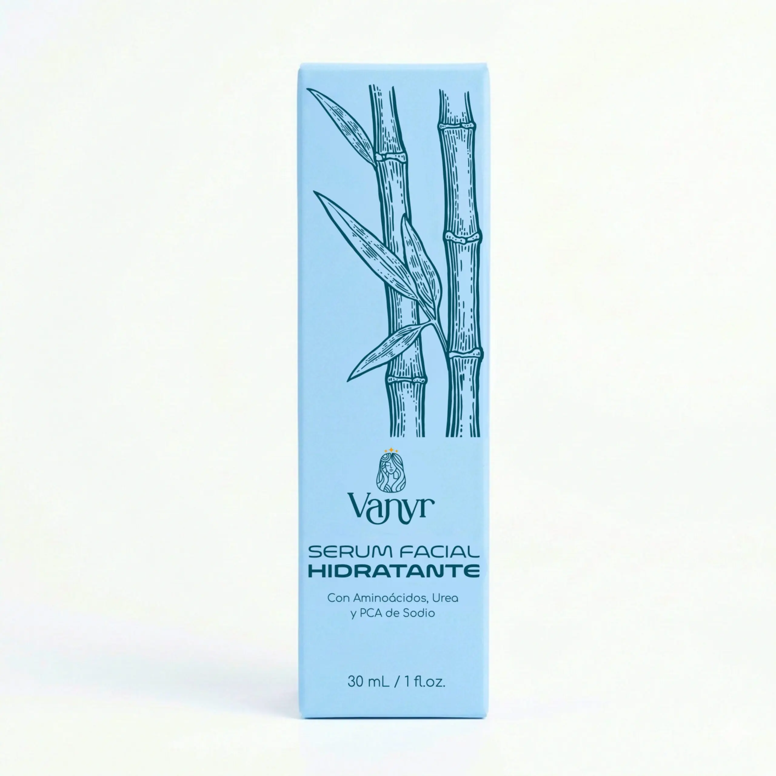 Caja azul claro de Serum Facial Hidratante Vanyr con bambú, 30 ml.