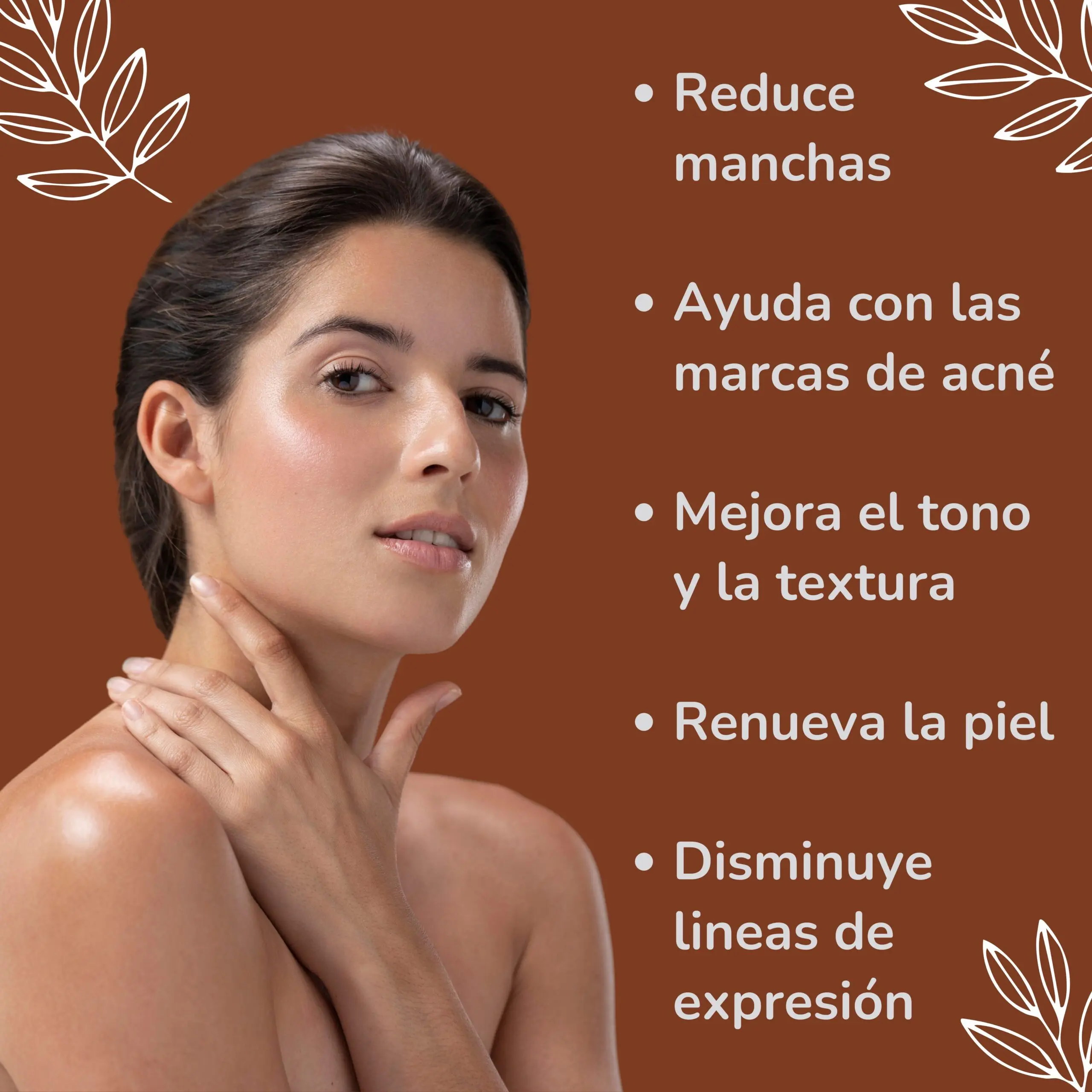 Mujer con piel radiante y serum Vanyr, destacando beneficios como reducción de manchas y mejora del tono.