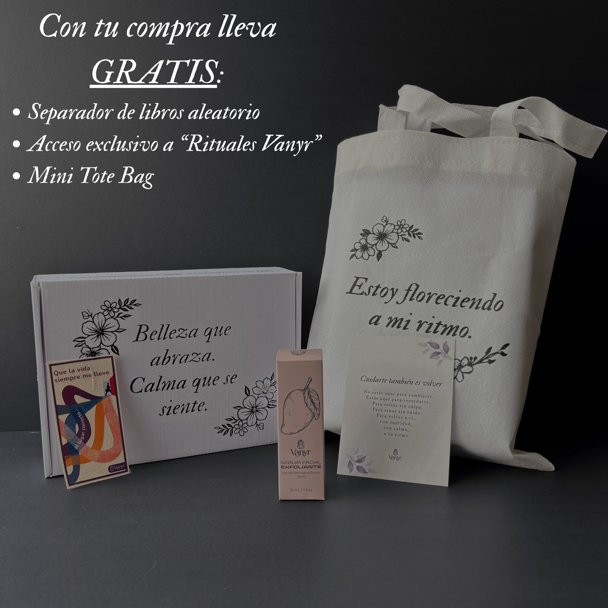 Serum Vanyr AHA 5% en caja con tote bag, separador de libros y tarjeta, para renovar y unificar el tono de la piel.
