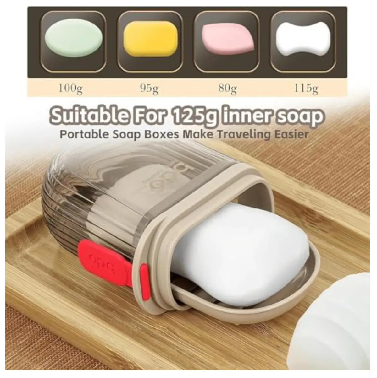 Jabonera portátil de viaje transparente y beige con tapa y compartimento para jabón blanco.