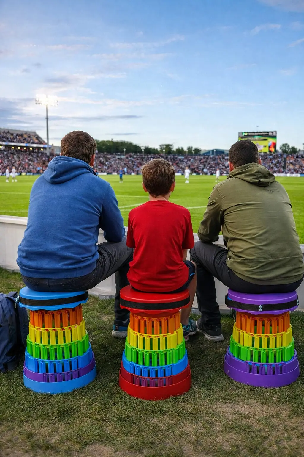 Sillas plegables portátiles de plástico con diseño multicolor tipo arcoíris, utilizadas por tres personas sentadas en el césped de un estadio de fútbol.