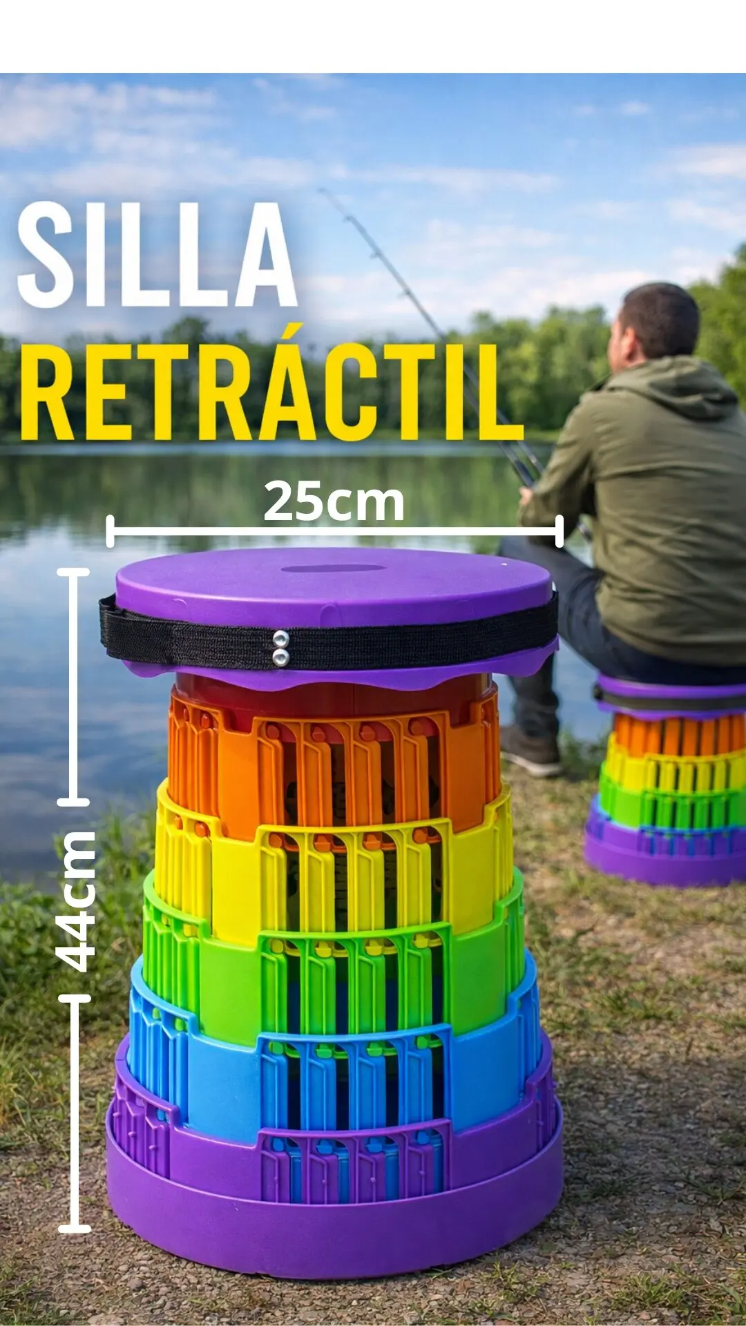 Silla plegable portátil de plástico con diseño de capas en colores arcoíris, con medidas de 44cm de altura y 25cm de diámetro, usada por pescador.