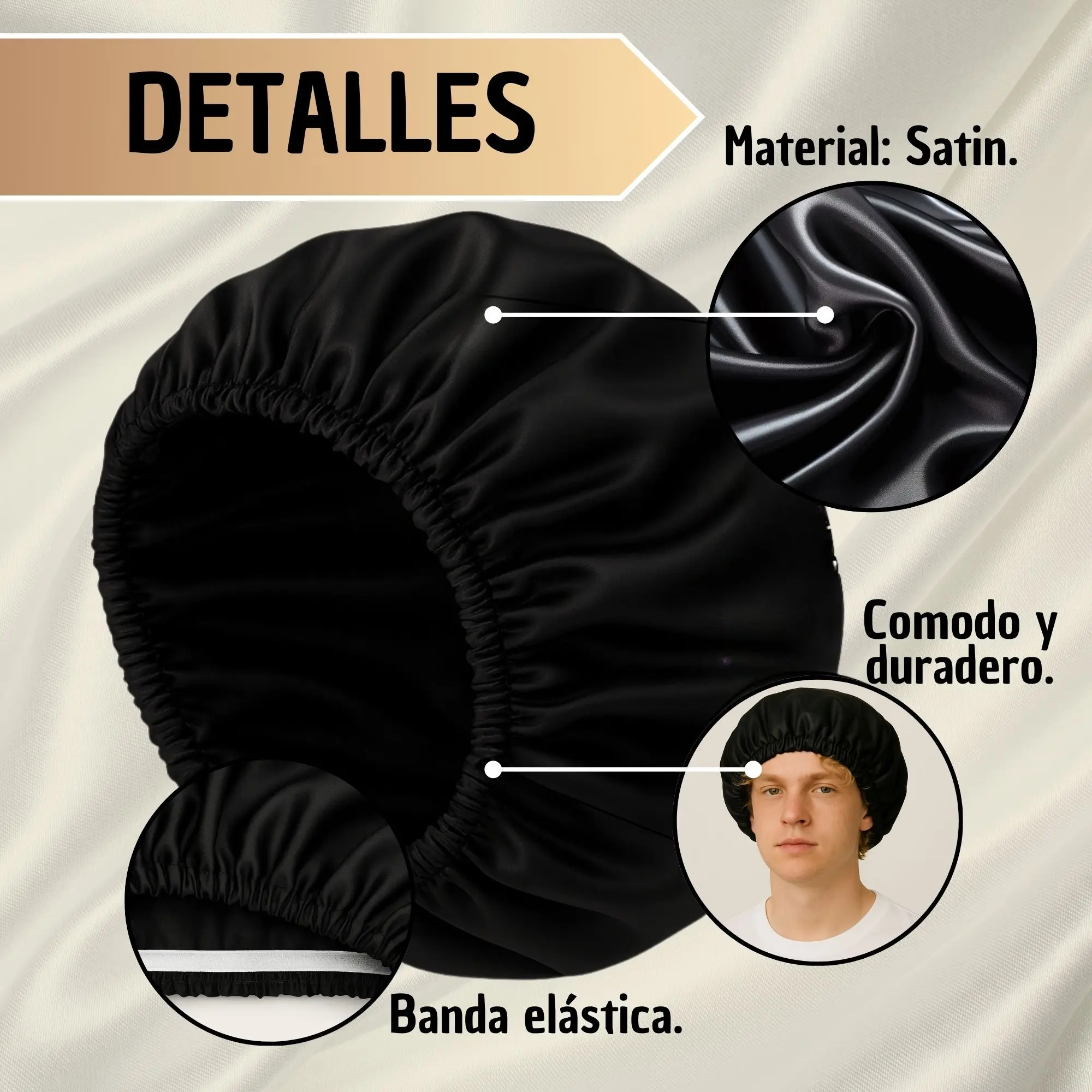 Gorro de satín negro ajustable, ideal para proteger el cabello del frizz y enredos.