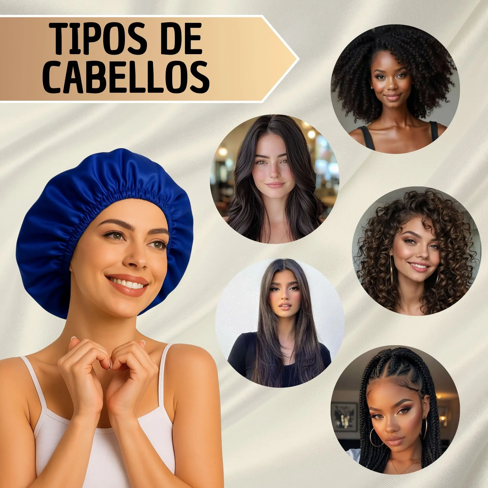 Gorro de satín azul ajustable, protege el cabello anti frizz. Incluye 5 estilos de cabello en círculos.