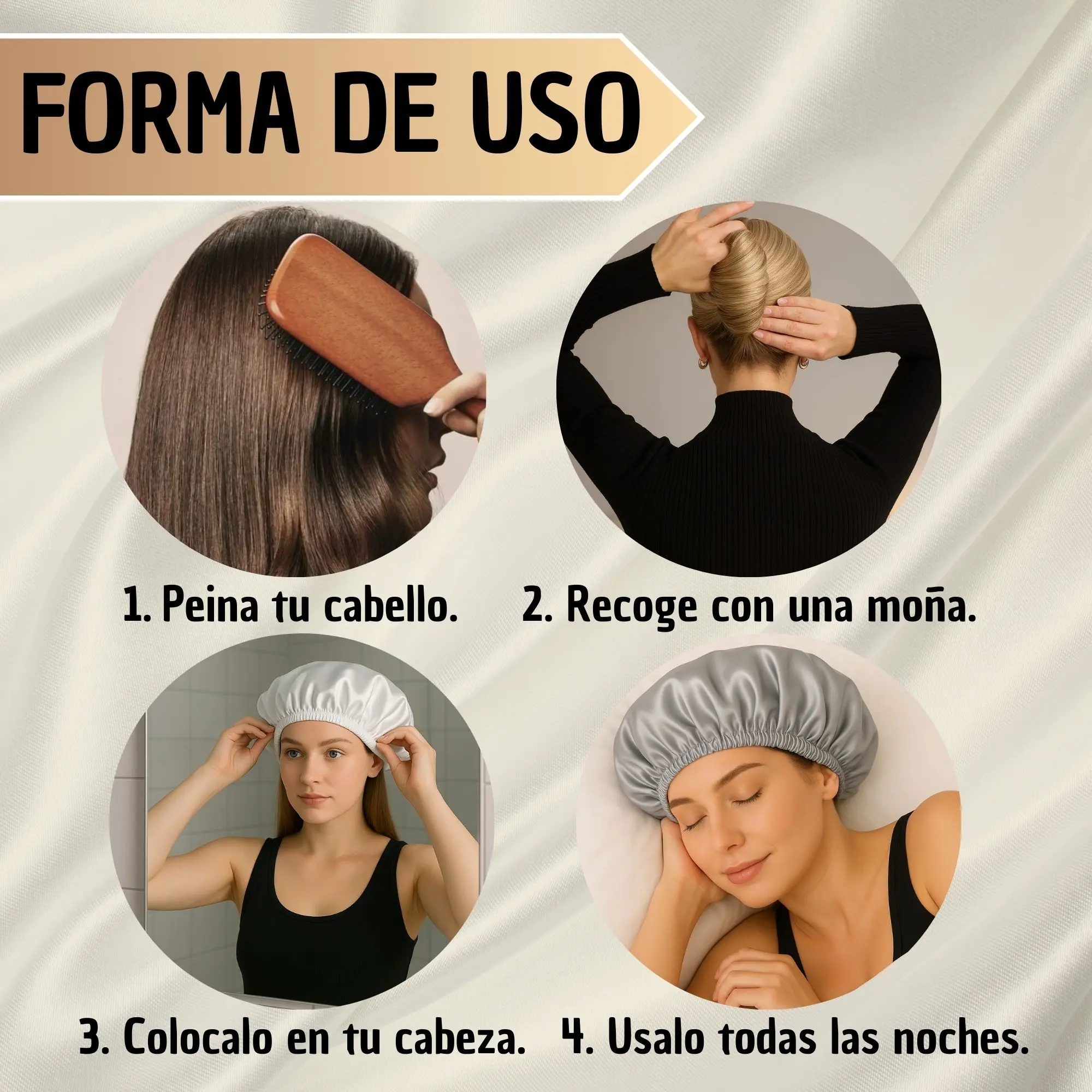 Set x2 gorros de satín ajustables, uno blanco y otro gris, para proteger el cabello durante la noche.