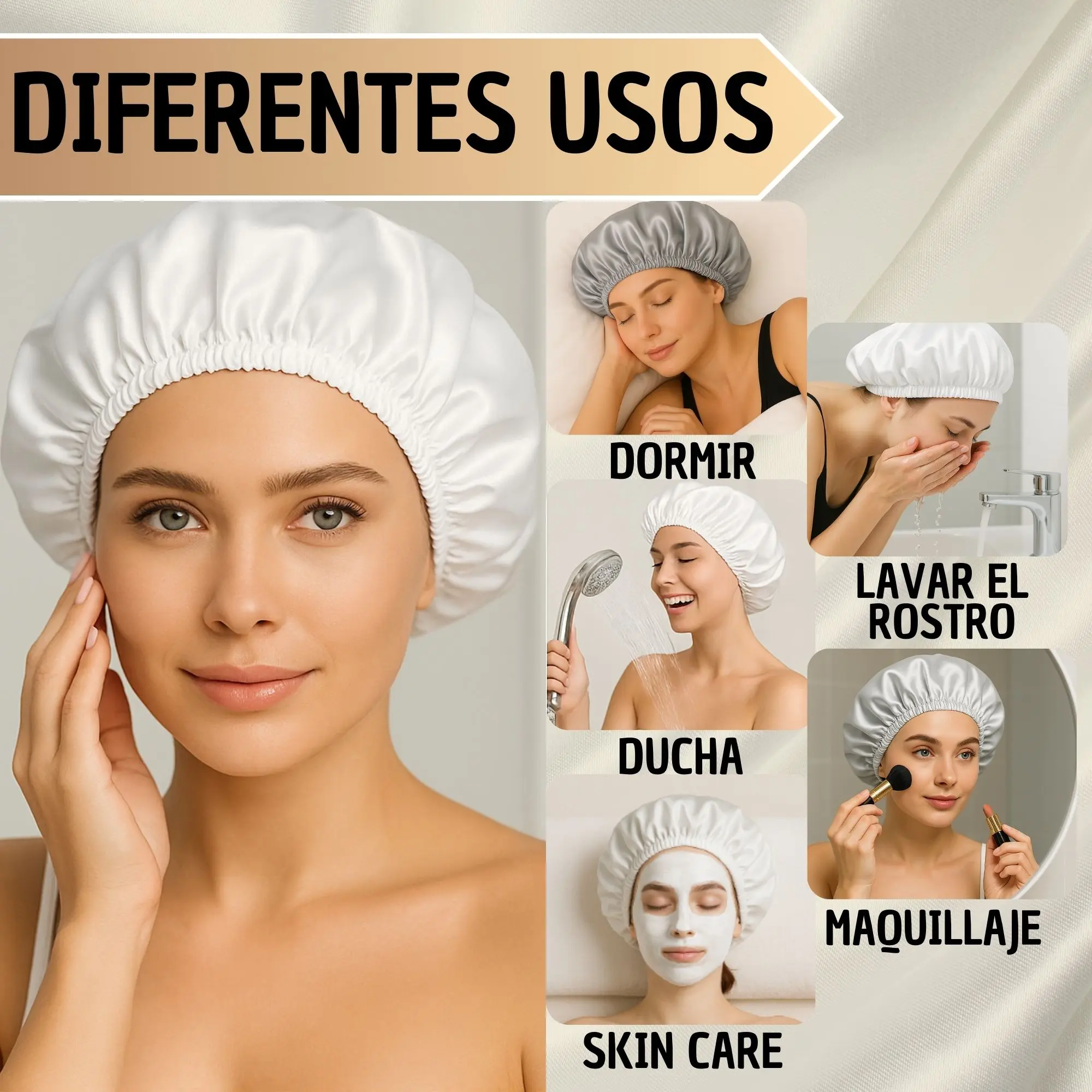 Set x2 gorros de satín ajustables, uno blanco y uno gris, para dormir, ducha, cuidado facial y maquillaje.
