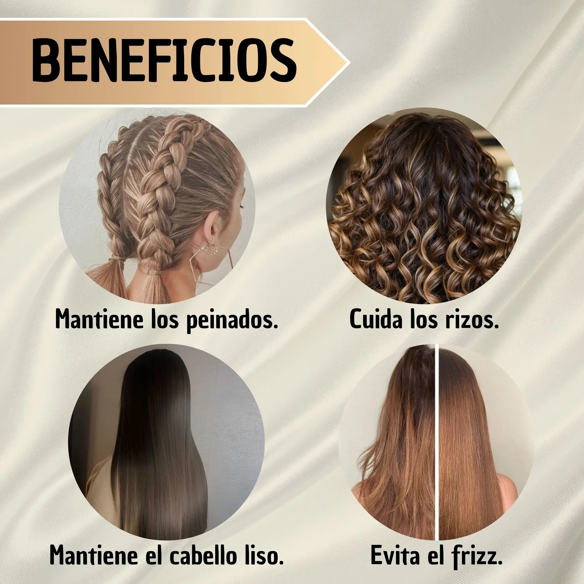 Set x2 gorros de satín ajustables para proteger el cabello, mostrando peinados, rizos, cabello liso y control de frizz.