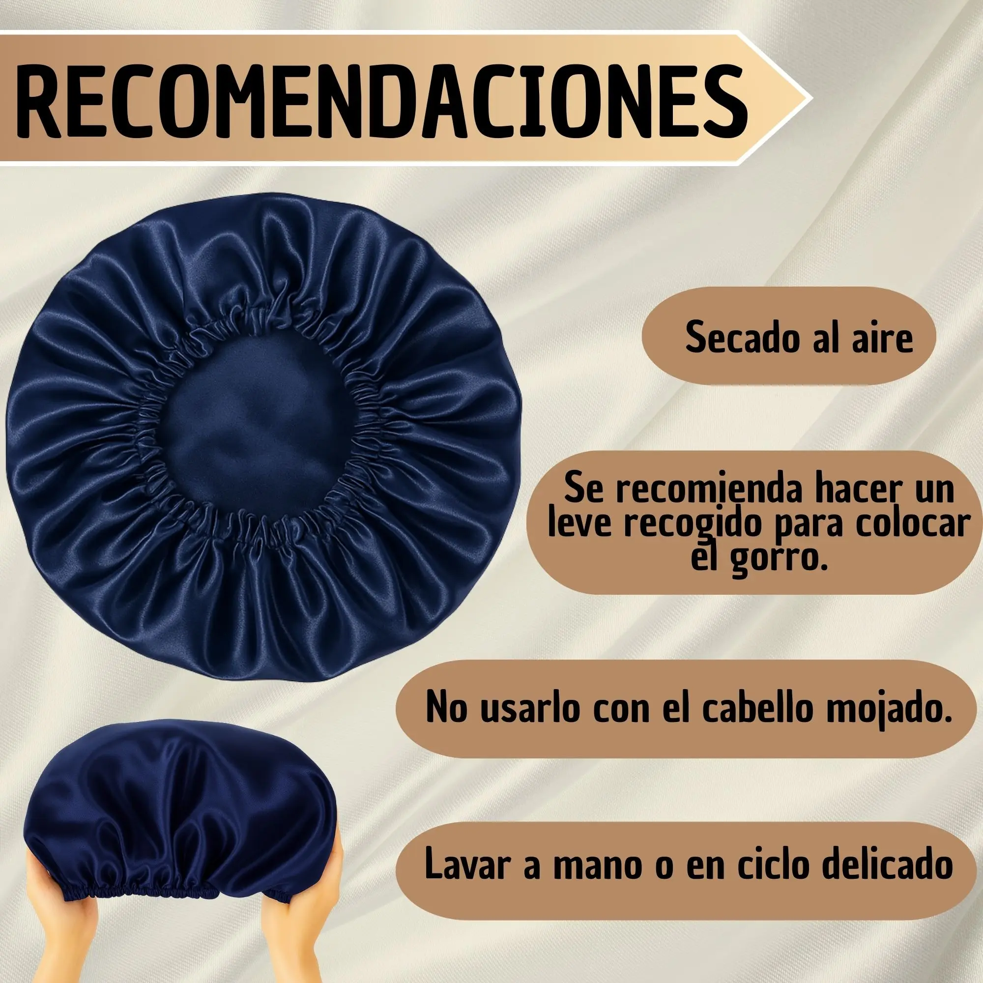 Gorro de satín azul marino, ajustable, ideal para proteger el cabello, con recomendaciones de uso y cuidado.