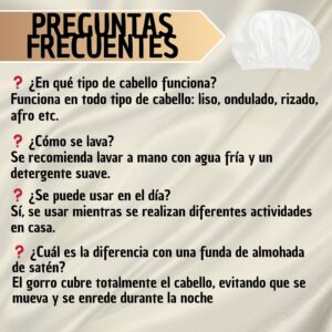 Gorro de satín blanco ajustable, ideal para proteger el cabello del frizz y los enredos durante la noche.