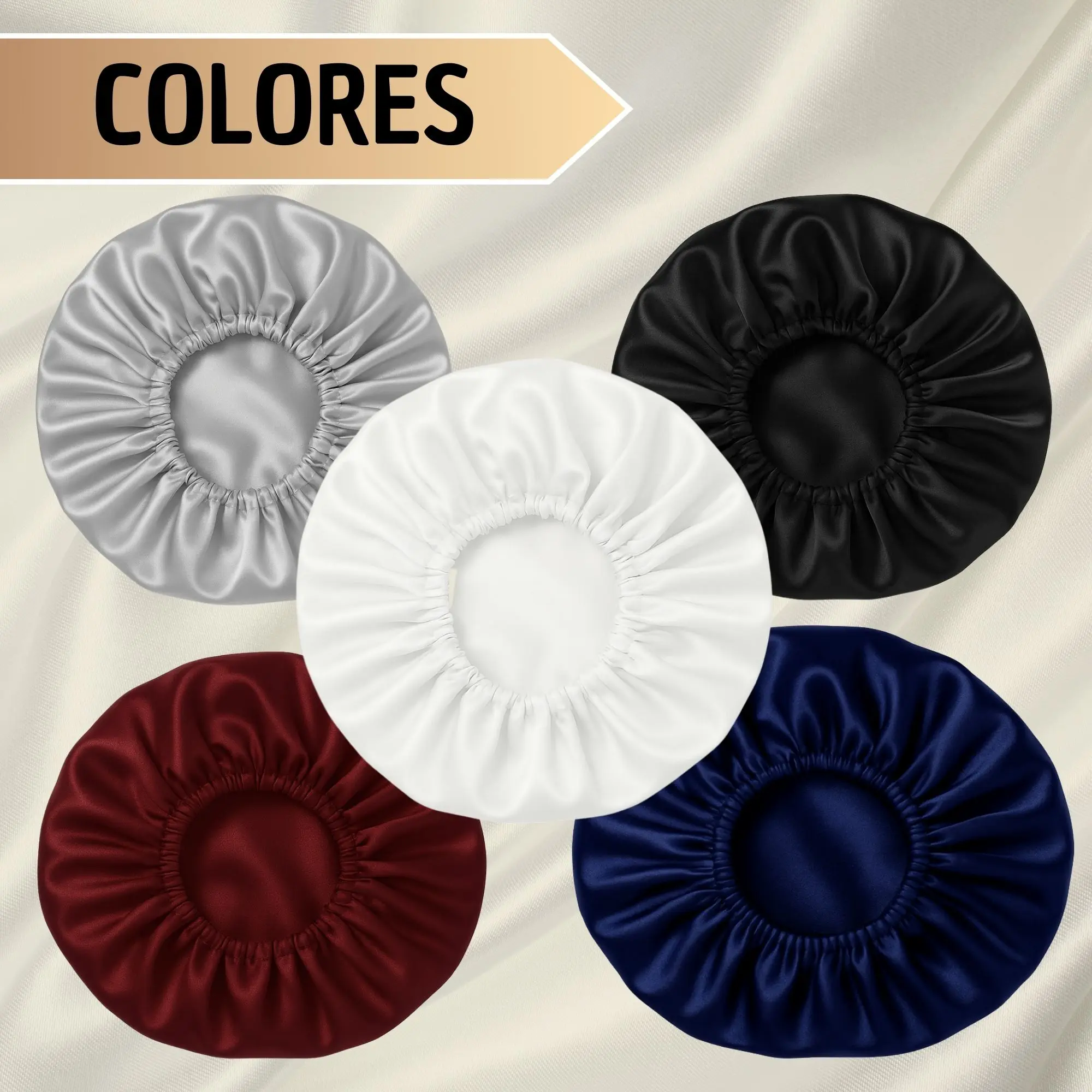 Set de 5 gorros de satín ajustables en colores gris, blanco, negro, vino tinto y azul marino, ideales para proteger el cabello.