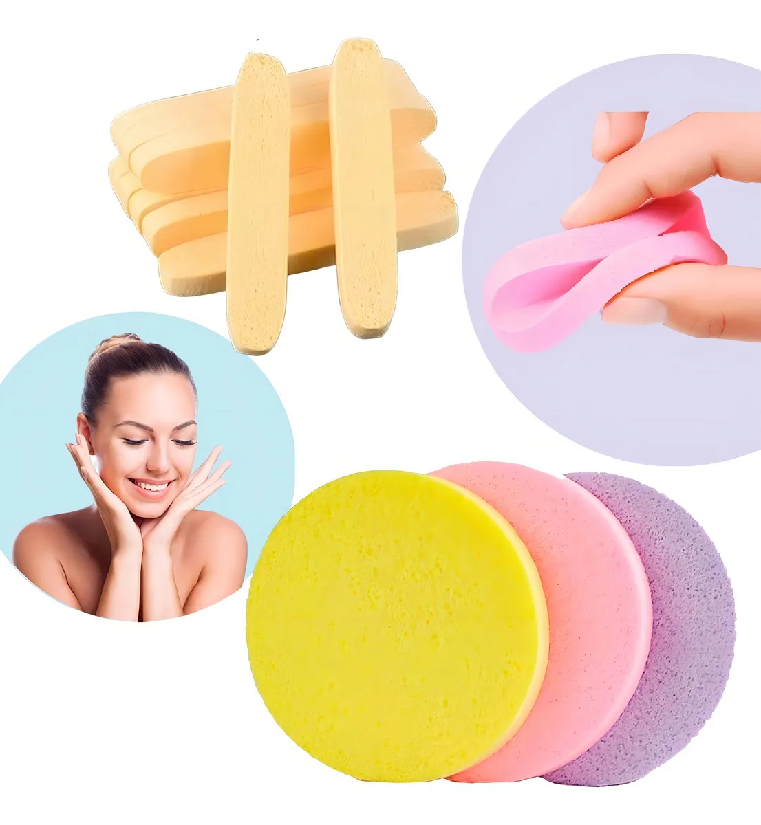 Set x3 esponjas faciales comprimidas, amarillas, rosadas y moradas, para limpiar y exfoliar la piel.
