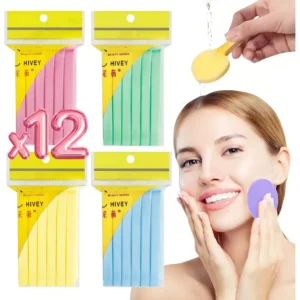 Esponjas faciales comprimidas en paquetes de 4 colores: rosa, verde, amarillo y azul.