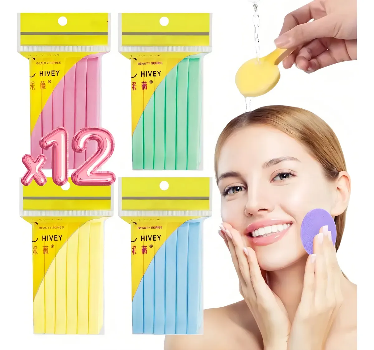 Esponjas faciales comprimidas en paquetes de 4 colores: rosa, verde, amarillo y azul.