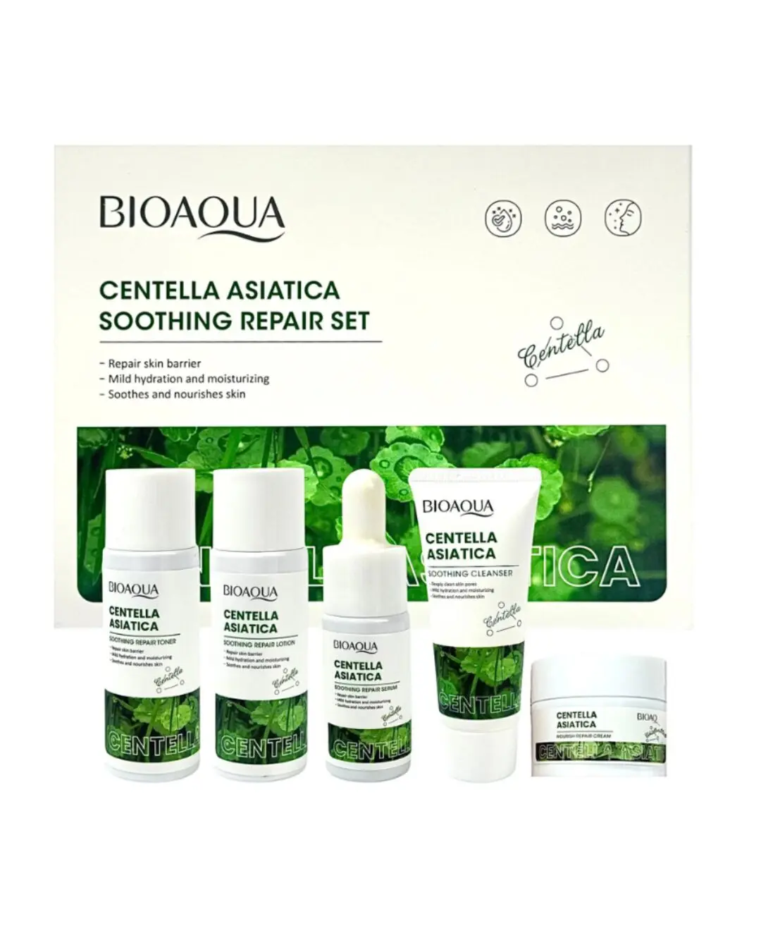 Set de cuidado facial Bioaqua Centella Asiática, incluye limpiador, sérum, tónico y crema en mini tallas para viaje.