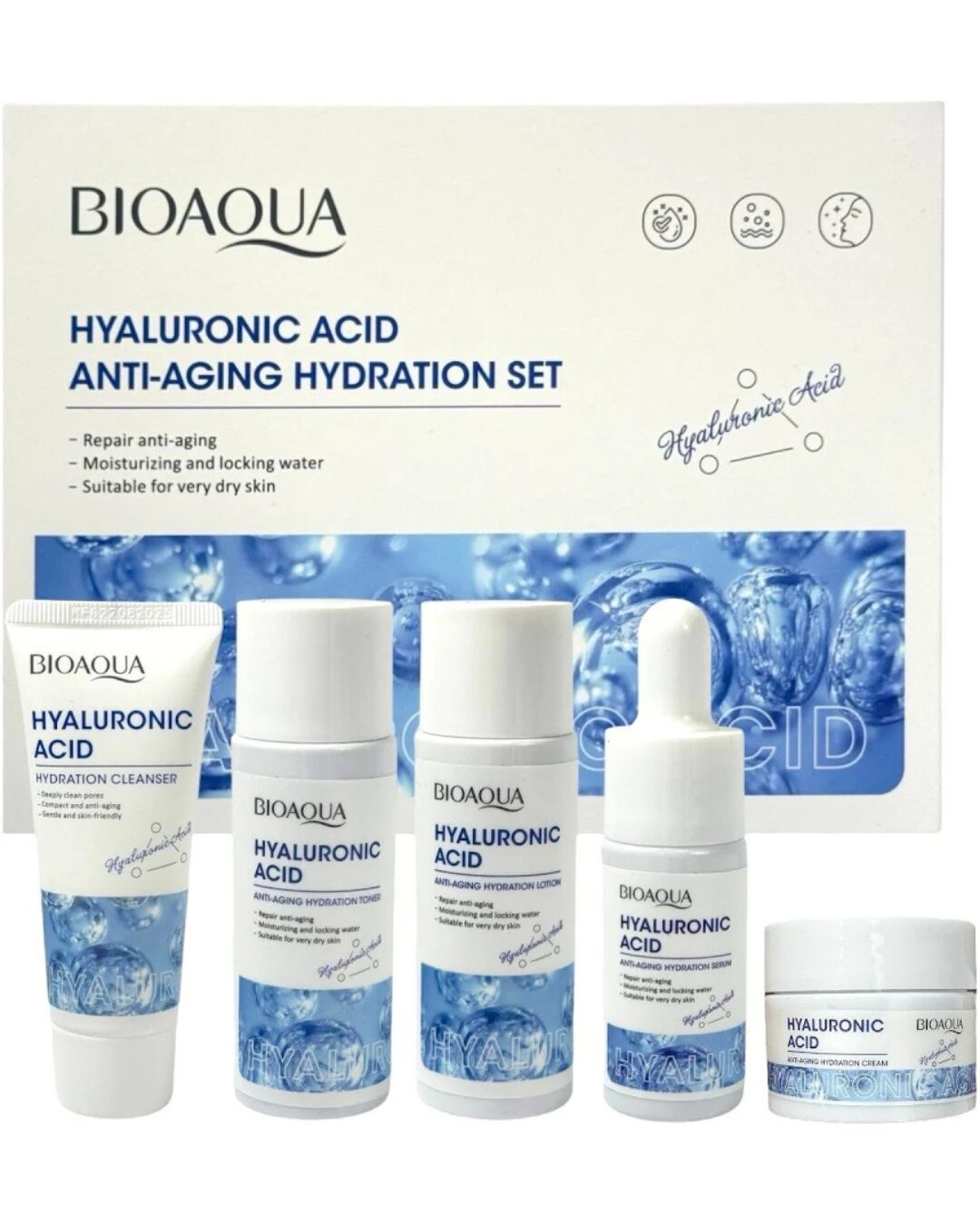 Mini Kit Viajero Facial Bioaqua con sérum, crema, limpiador e hidratante. Ideal para piel seca.