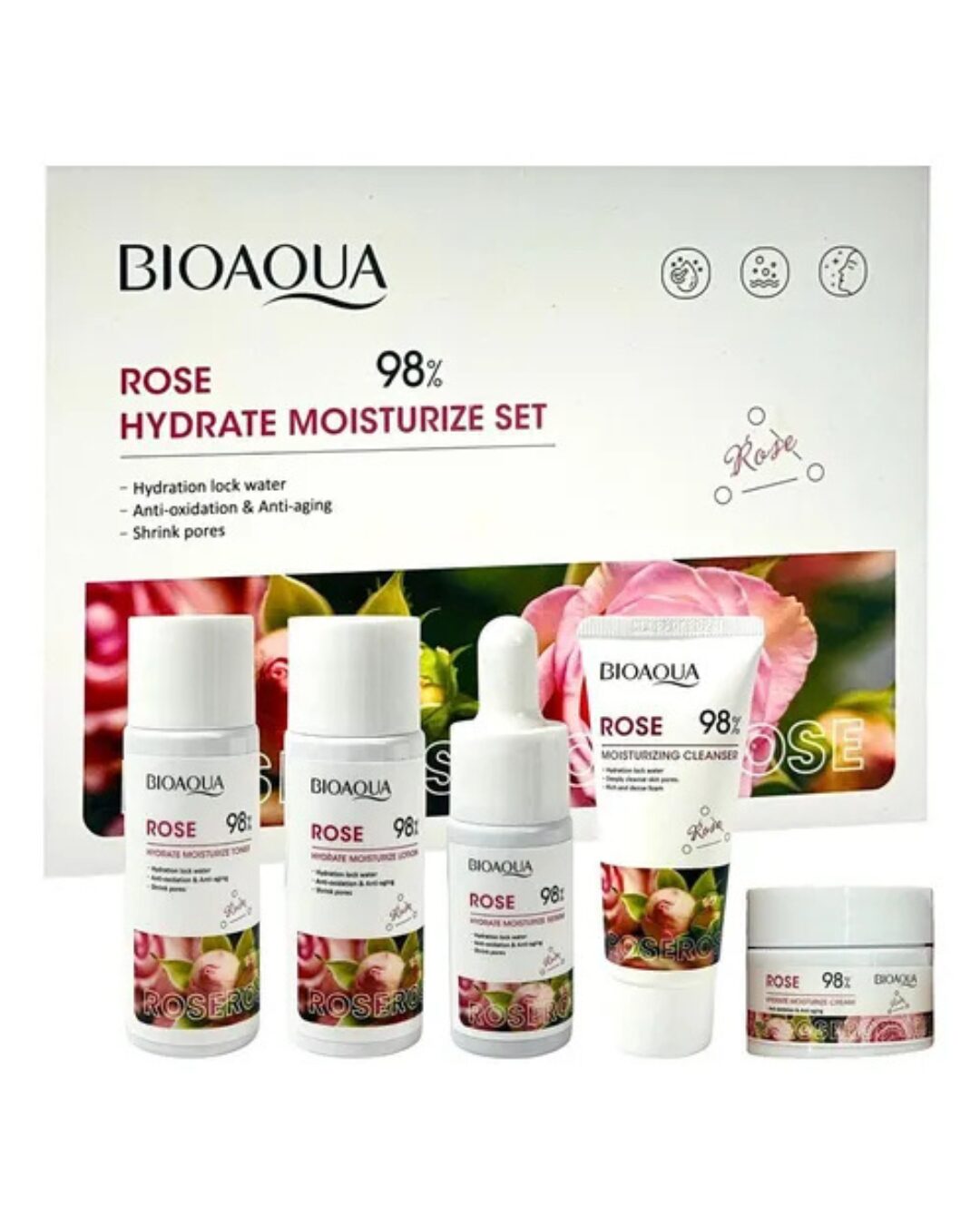 Mini Kit Bioaqua Rose Hydrate Moisturize Set con tónico, loción, sérum, limpiador y crema.