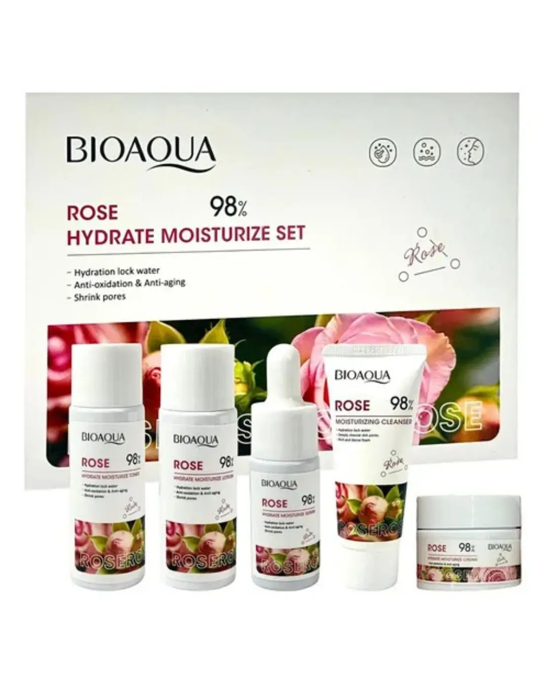 Mini Kit Bioaqua Rose Hydrate Moisturize Set con tónico, loción, sérum, limpiador y crema.