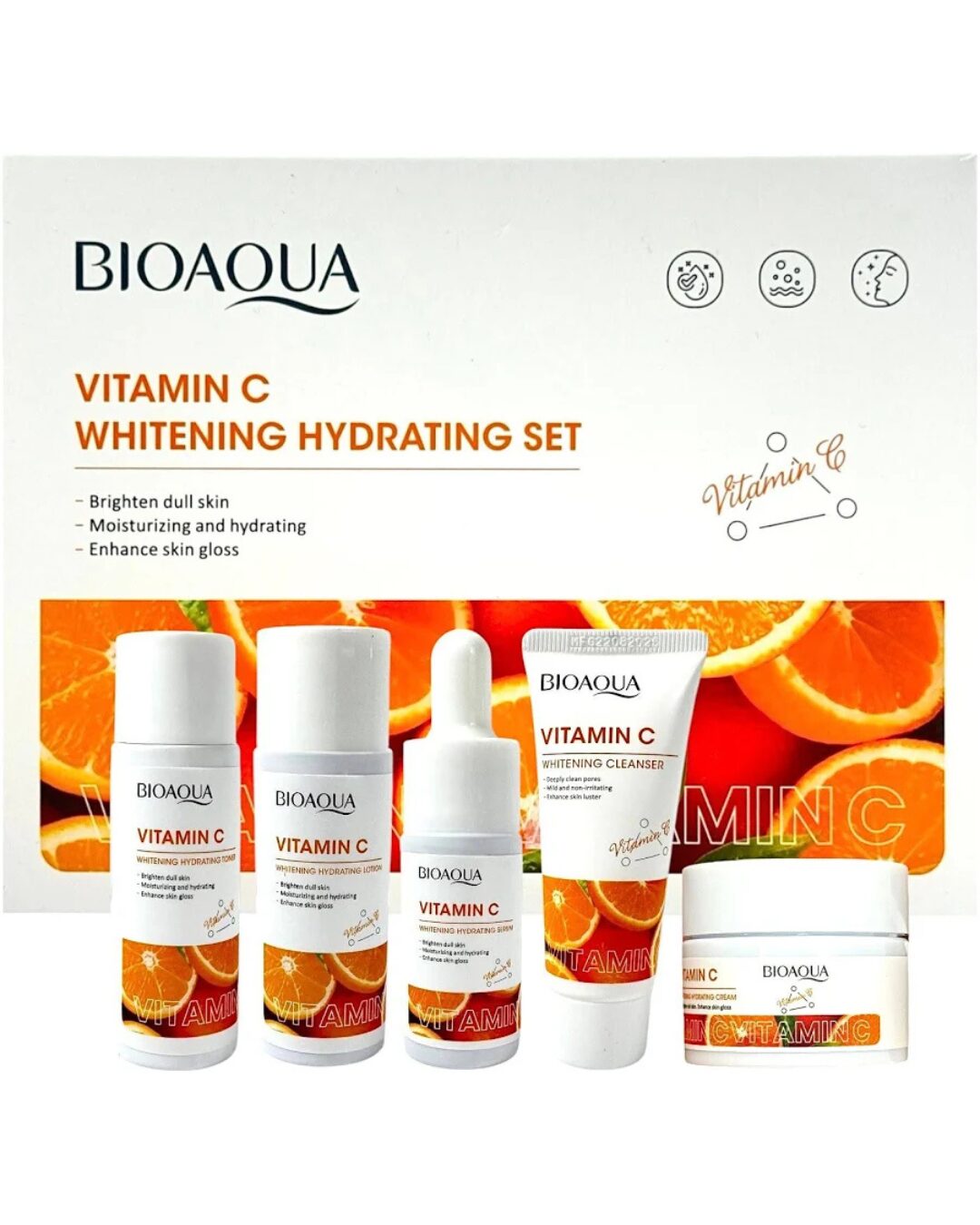 Mini Kit Viajero Facial Bioaqua Vitamina C: limpiador, serum, tónico y crema con naranjas.