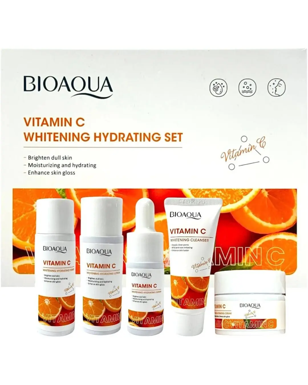 Mini Kit Viajero Facial Bioaqua Vitamina C: limpiador, serum, tónico y crema con naranjas.
