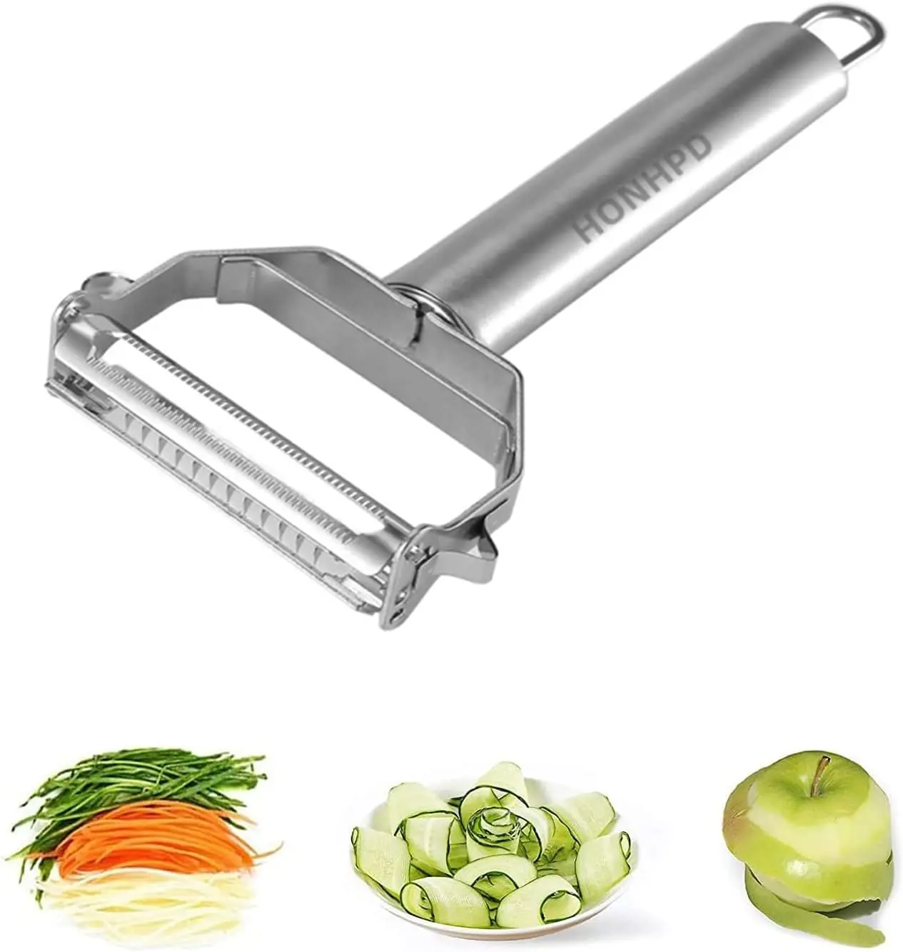 Pelador rallador multifuncional de acero inoxidable con mango plateado, ideal para cortar verduras en espiral y juliana.