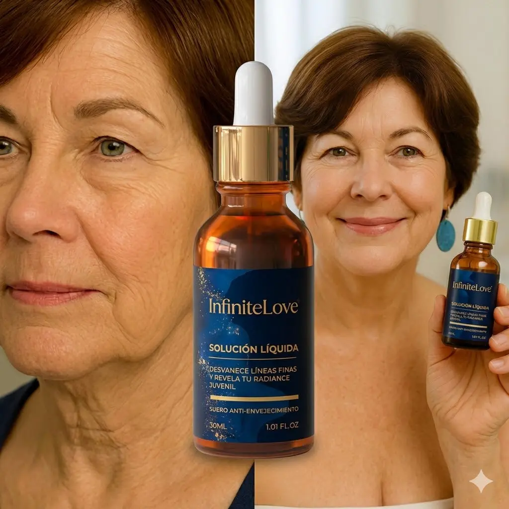 Serum Infinity Love líquido anti-envejecimiento para líneas finas, presentado en frasco ámbar con gotero.