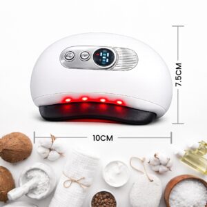 Masajeador facial blanco con luz LED roja, mide 10cm de ancho y 7.5cm de alto.