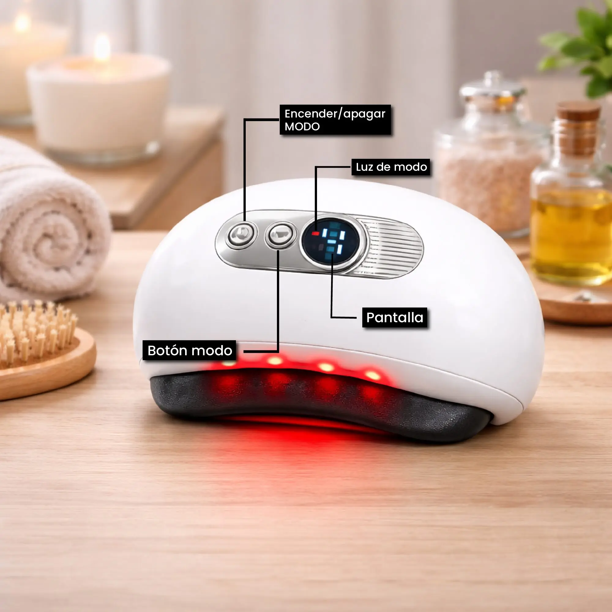 Masajeador facial blanco vibración terapia con luces rojas, pantalla digital y botones de control, contexto de spa.