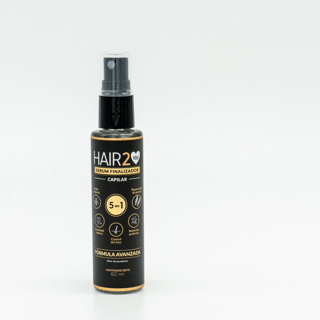 Serum finalizador capilar HAIR2YOU 5 en 1 en frasco negro con atomizador, fórmula avanzada.
