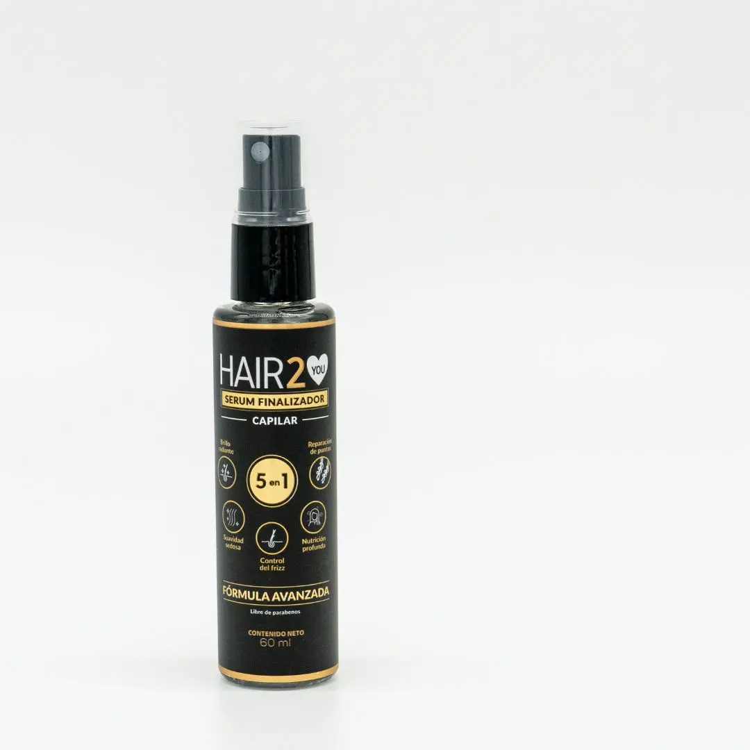 Serum finalizador capilar HAIR2YOU 5 en 1 en frasco negro con atomizador, fórmula avanzada.