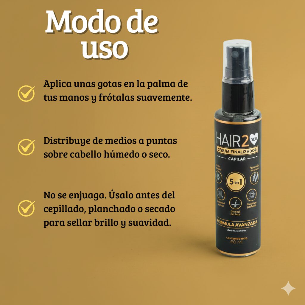 Serum finalizador capilar HAIR2YOU 5 en 1 en botella spray negra. Modo de uso detallado.