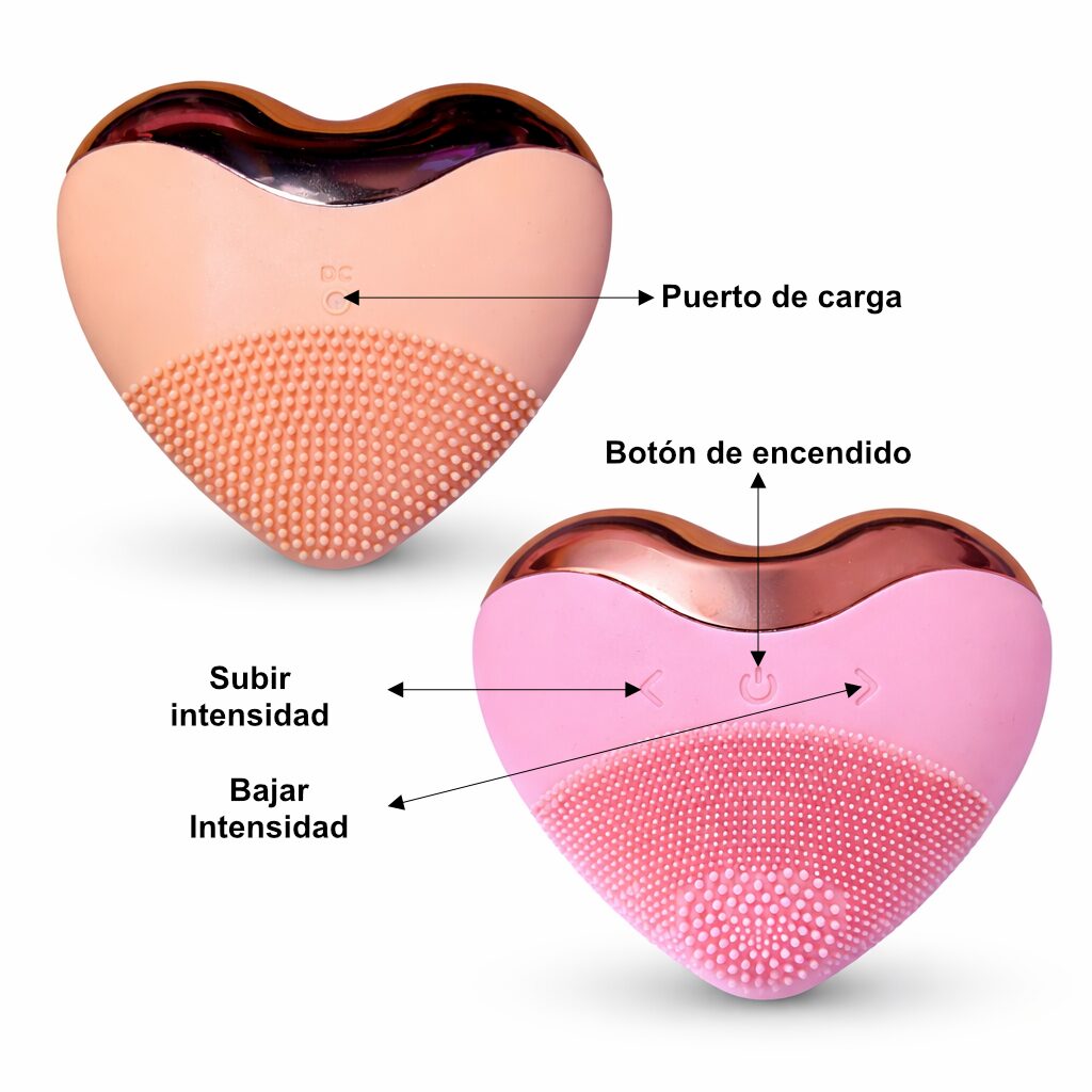 Limpiador facial Msjf-4 en forma de corazón rosa con cerdas de silicona y detalles metálicos.