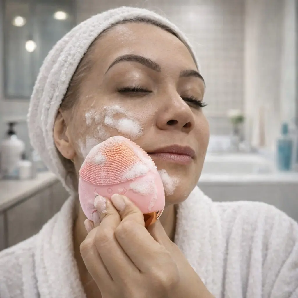 Mujer con turbante de toalla usa limpiador facial rosado con espuma.